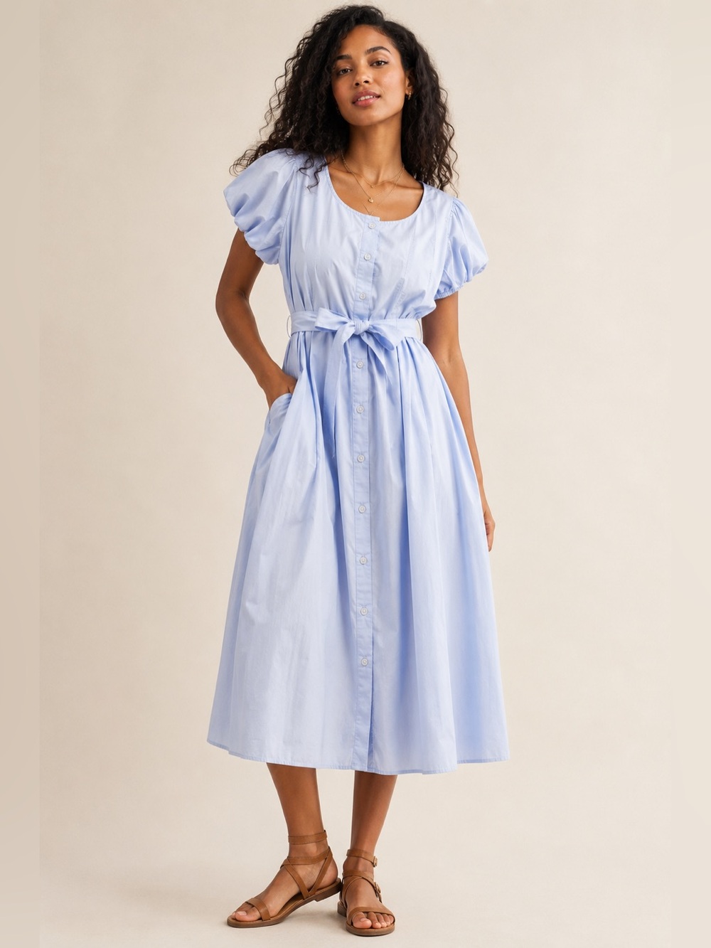 #293 Light Blue Button-Front Midi Dress with Tie Waist